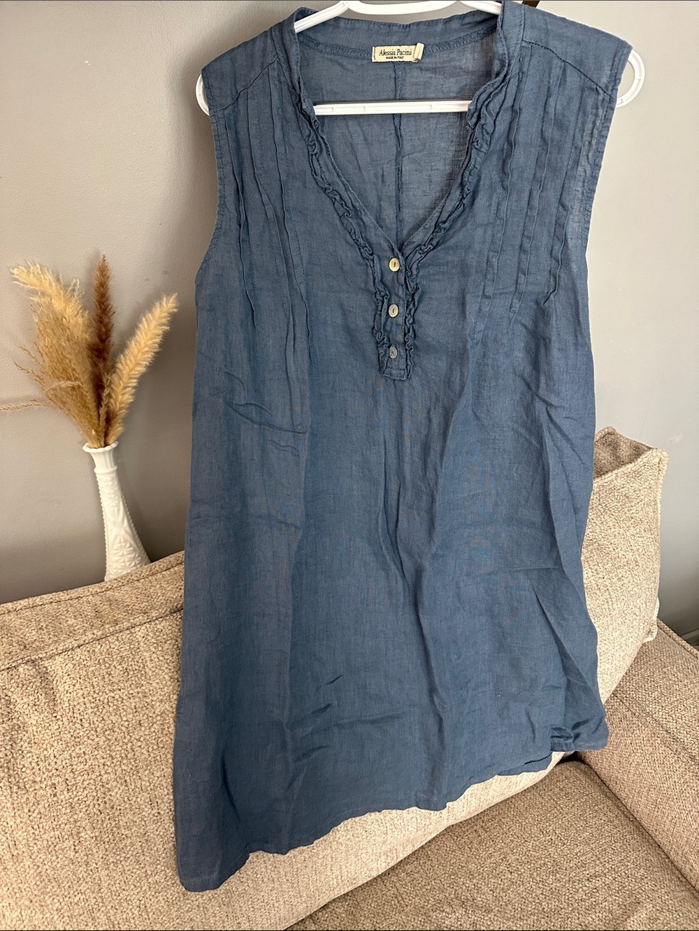 Alessia Pacini Blue Sleeveless Linen Tunic with V-Neck (made in Italy)